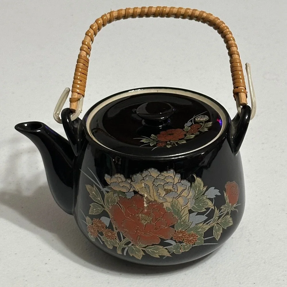 Japan Floral Peony Ceramic Teapot with Rattan Handle Black Vintage 4in